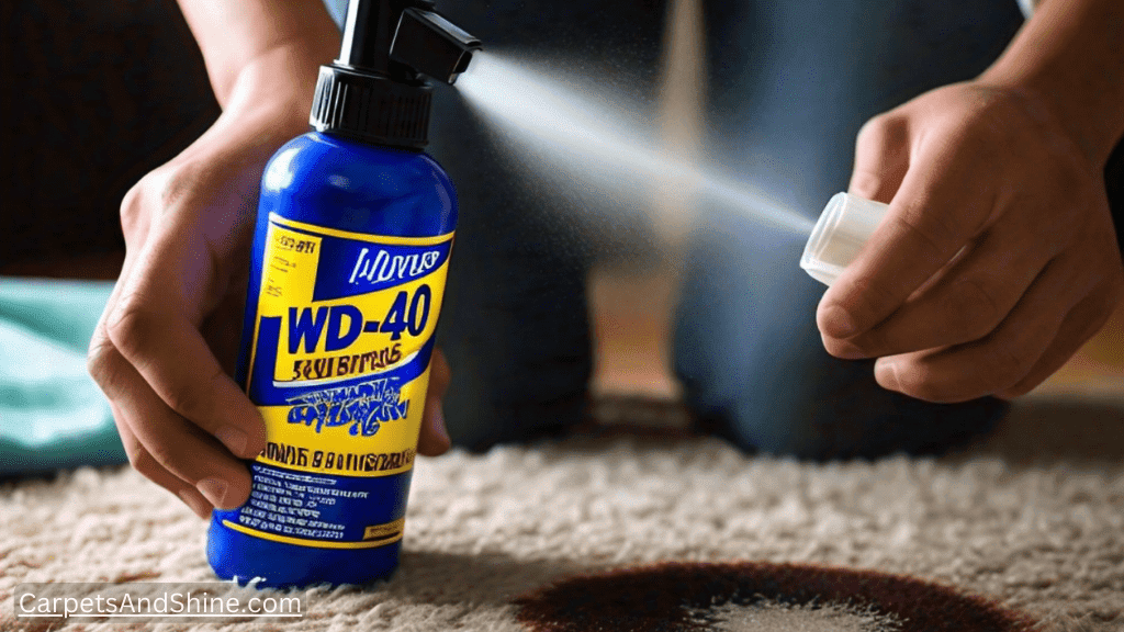 WD-40 lubricant is being applied on capet to remove ink stain